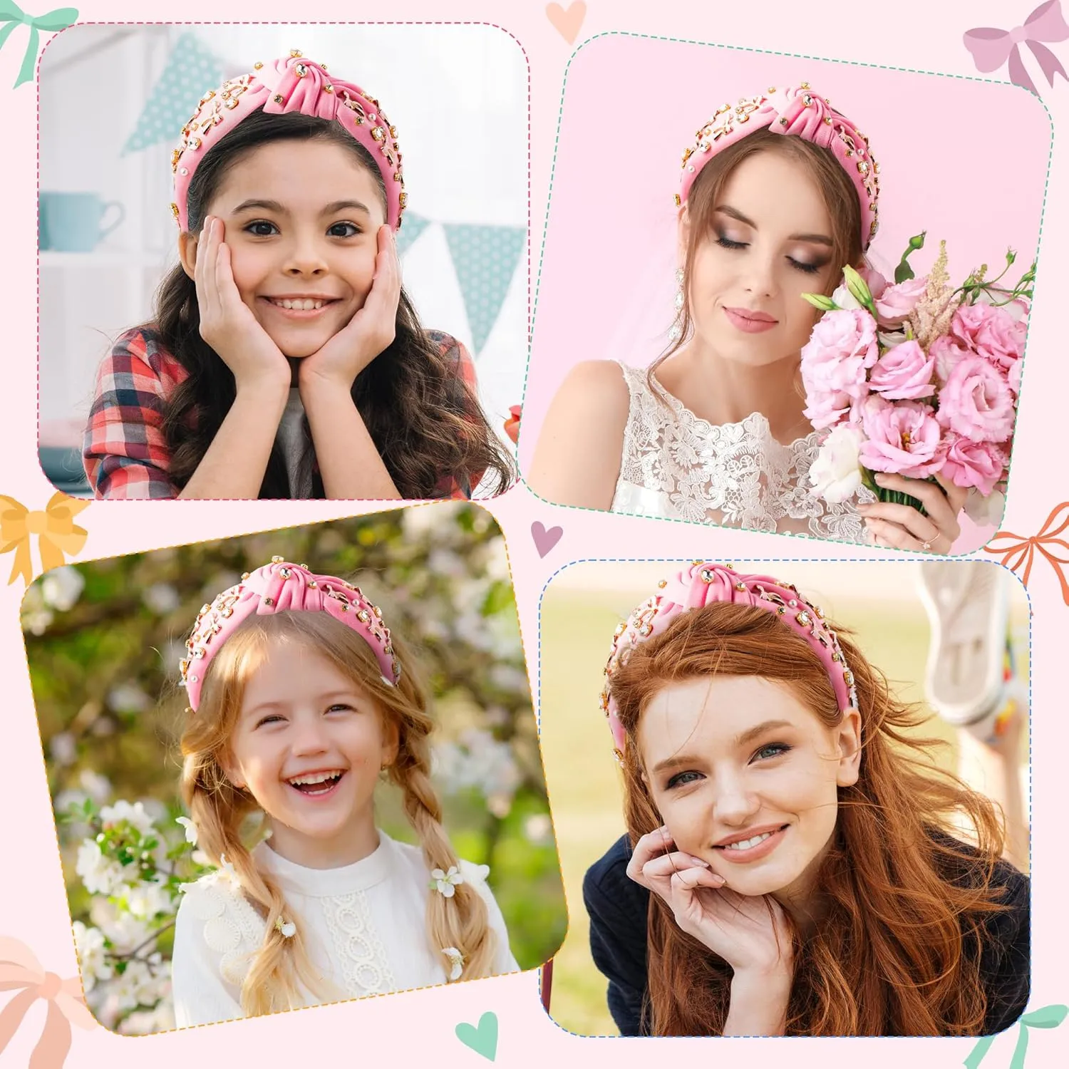 PANTIDE Coquette Pink Bow Jeweled Knotted Headband - Rhinestone Crystal Pearl Embellished Preppy Trendy Headband Wide Top Knot Non Slip Fashion Hairband Accessories Birthday Gift for Women Girl (Pink)