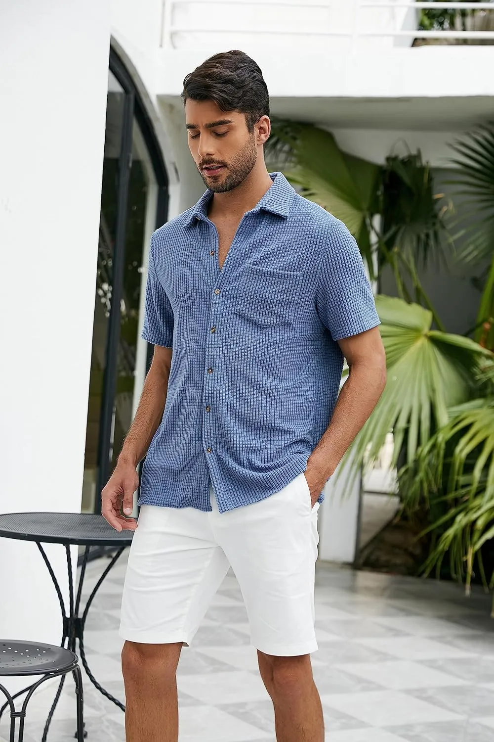 PAODIKUAI Men's Retro Short Sleeve Corduroy Shirt Casual Button Down Shirts