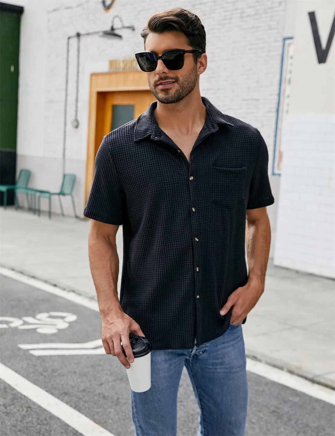 PAODIKUAI Men's Retro Short Sleeve Corduroy Shirt Casual Button Down Shirts