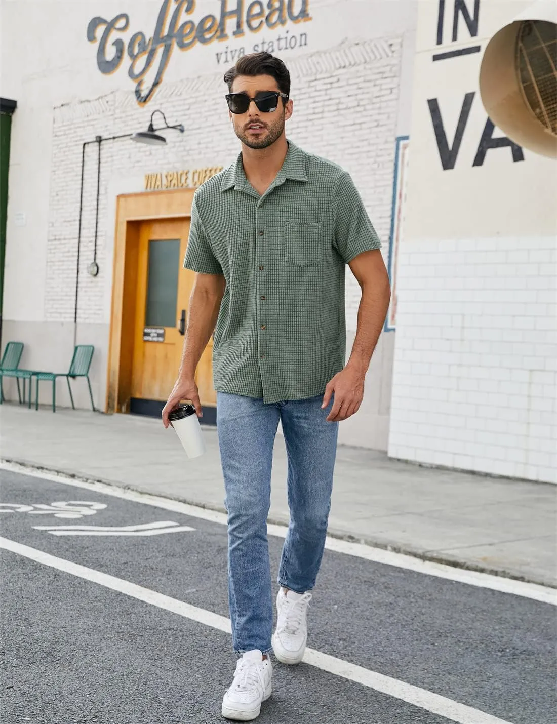 PAODIKUAI Men's Retro Short Sleeve Corduroy Shirt Casual Button Down Shirts