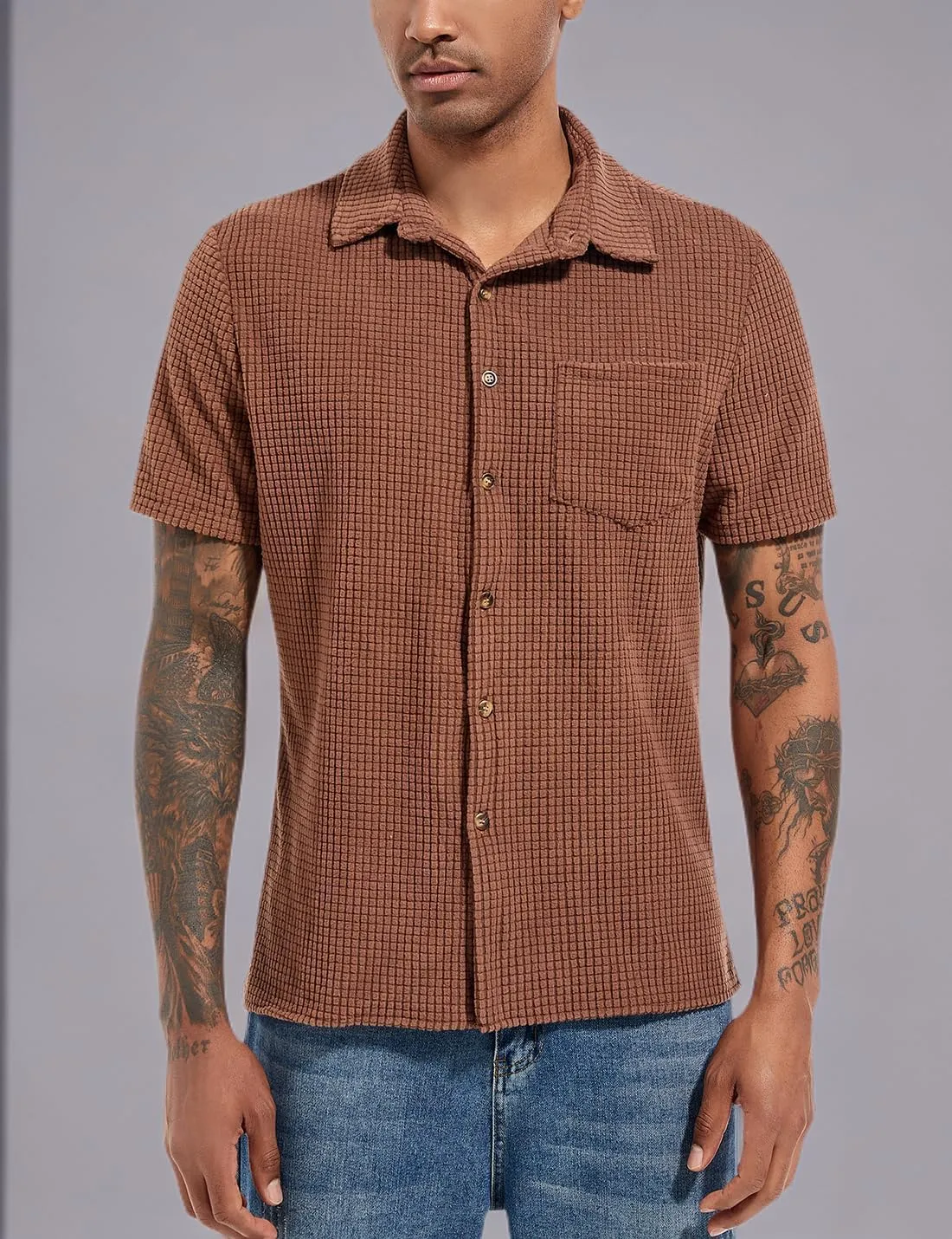 PAODIKUAI Men's Retro Short Sleeve Corduroy Shirt Casual Button Down Shirts
