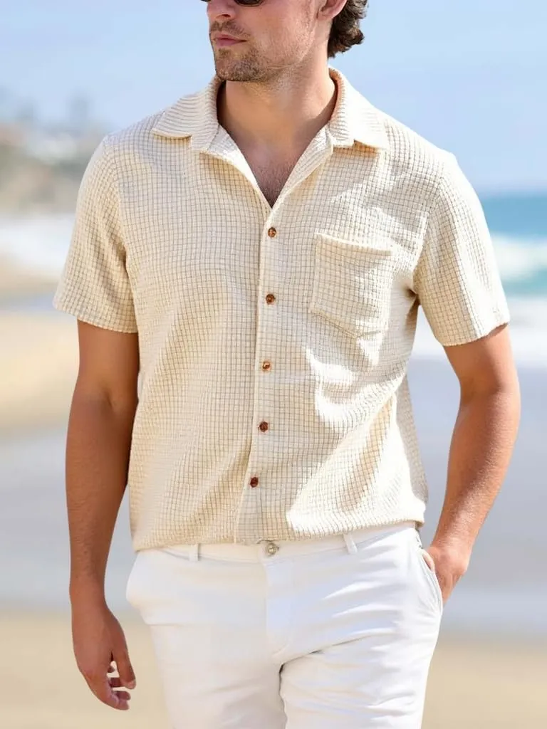 PAODIKUAI Men's Retro Short Sleeve Corduroy Shirt Casual Button Down Shirts