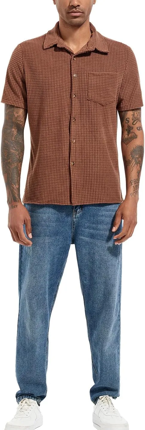 PAODIKUAI Men's Retro Short Sleeve Corduroy Shirt Casual Button Down Shirts