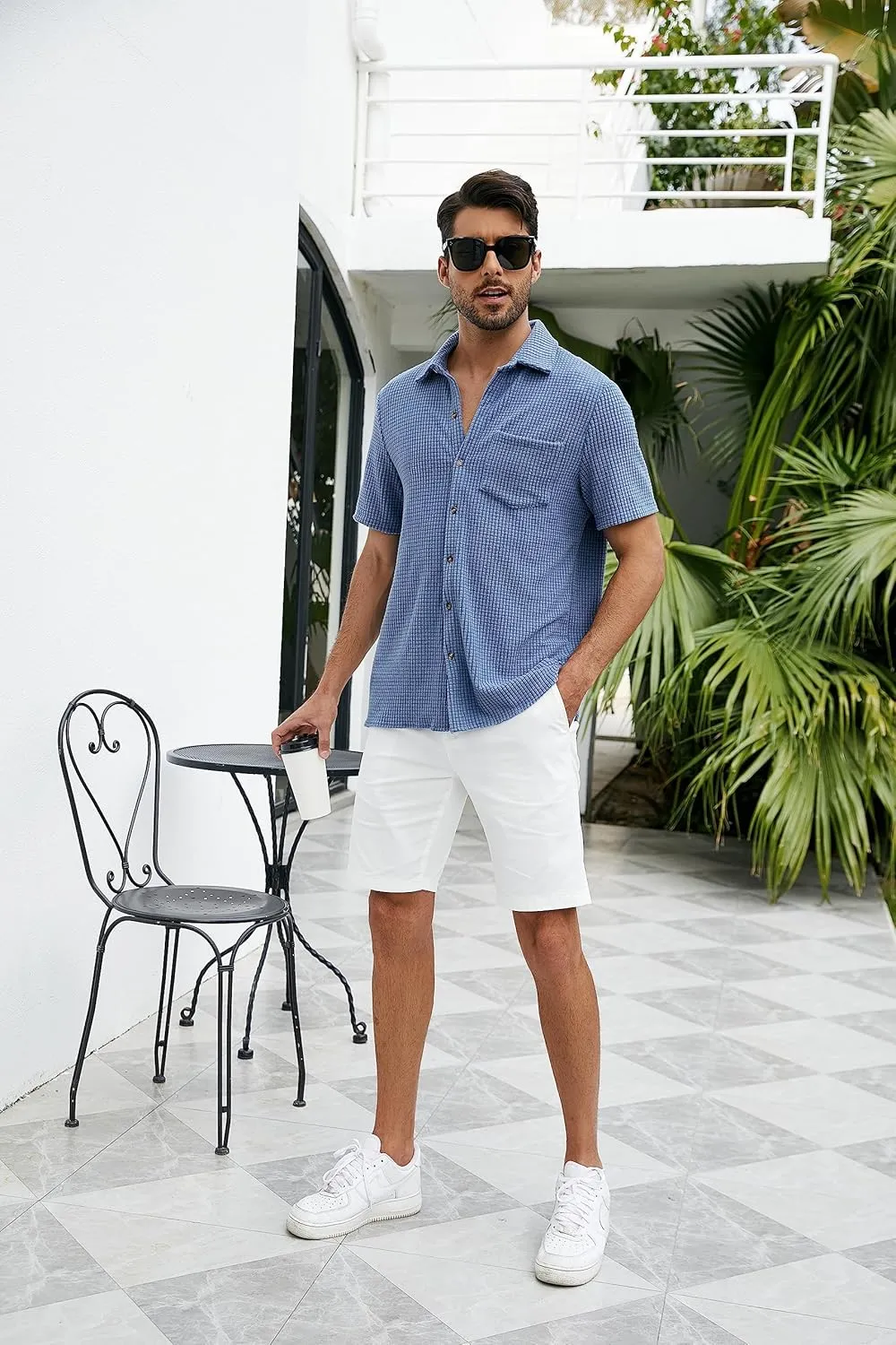 PAODIKUAI Men's Retro Short Sleeve Corduroy Shirt Casual Button Down Shirts