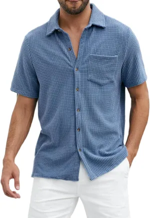 PAODIKUAI Men's Retro Short Sleeve Corduroy Shirt Casual Button Down Shirts