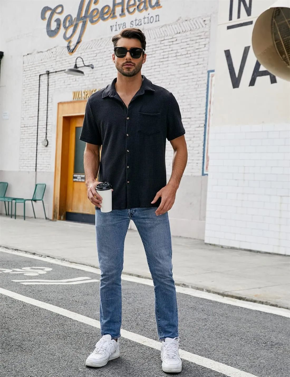 PAODIKUAI Men's Retro Short Sleeve Corduroy Shirt Casual Button Down Shirts