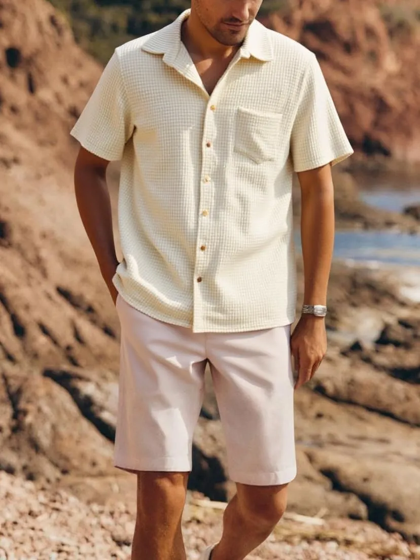PAODIKUAI Men's Retro Short Sleeve Corduroy Shirt Casual Button Down Shirts