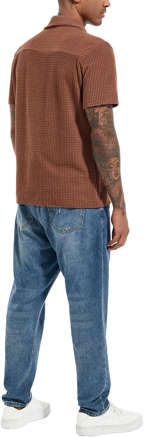 PAODIKUAI Men's Retro Short Sleeve Corduroy Shirt Casual Button Down Shirts