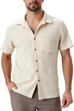 PAODIKUAI Men's Retro Short Sleeve Corduroy Shirt Casual Button Down Shirts