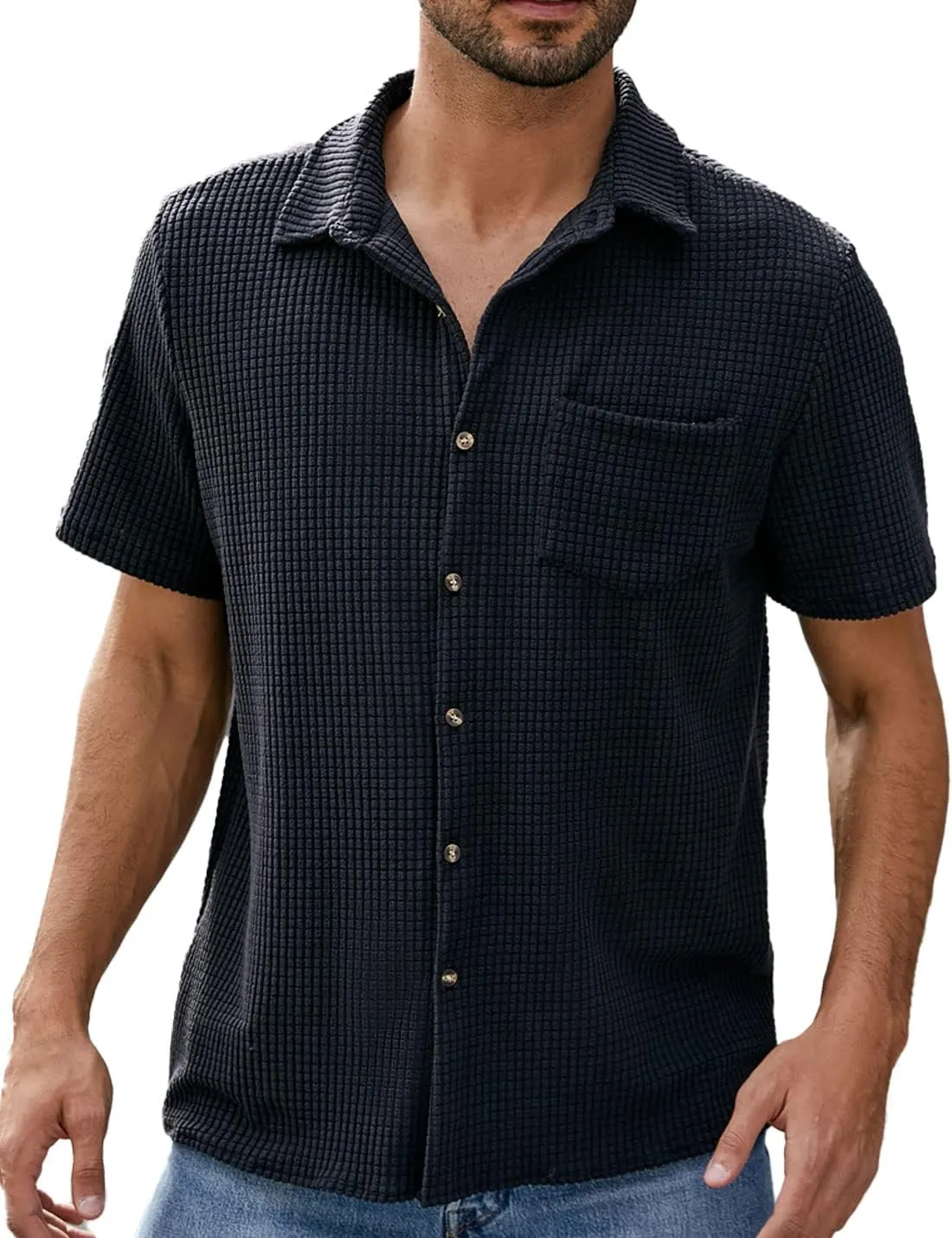 PAODIKUAI Men's Retro Short Sleeve Corduroy Shirt Casual Button Down Shirts