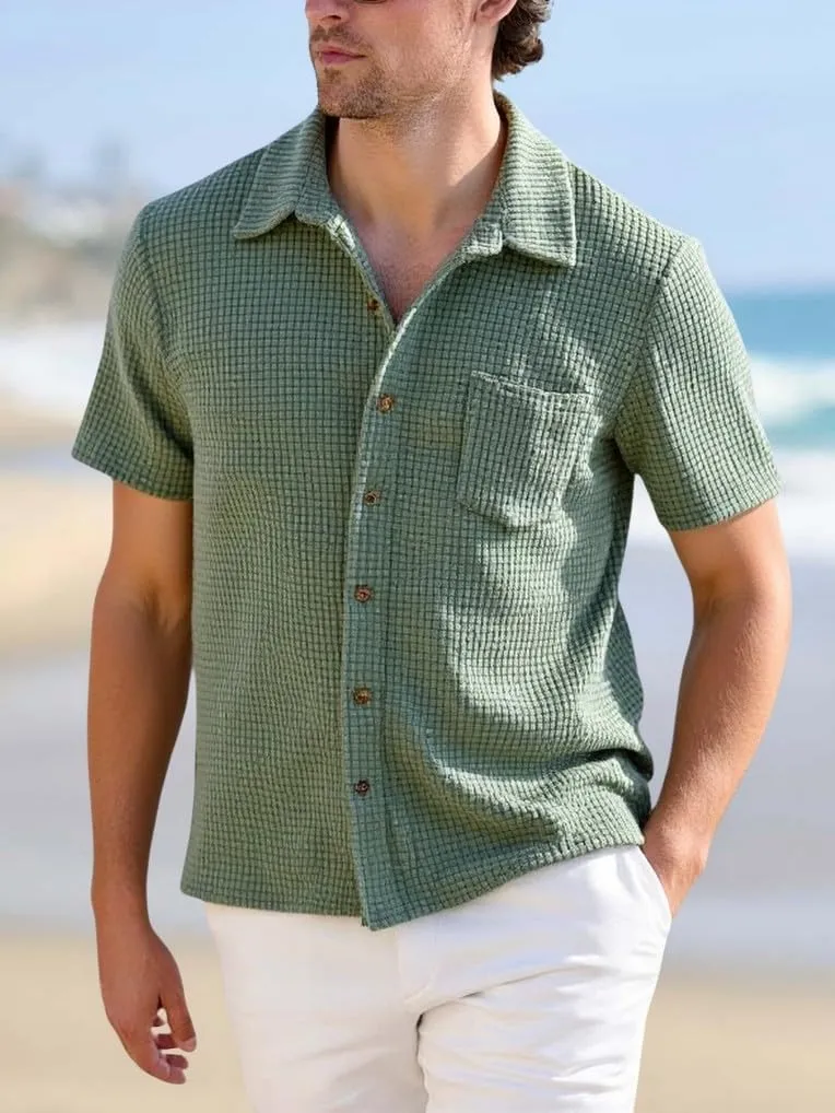 PAODIKUAI Men's Retro Short Sleeve Corduroy Shirt Casual Button Down Shirts