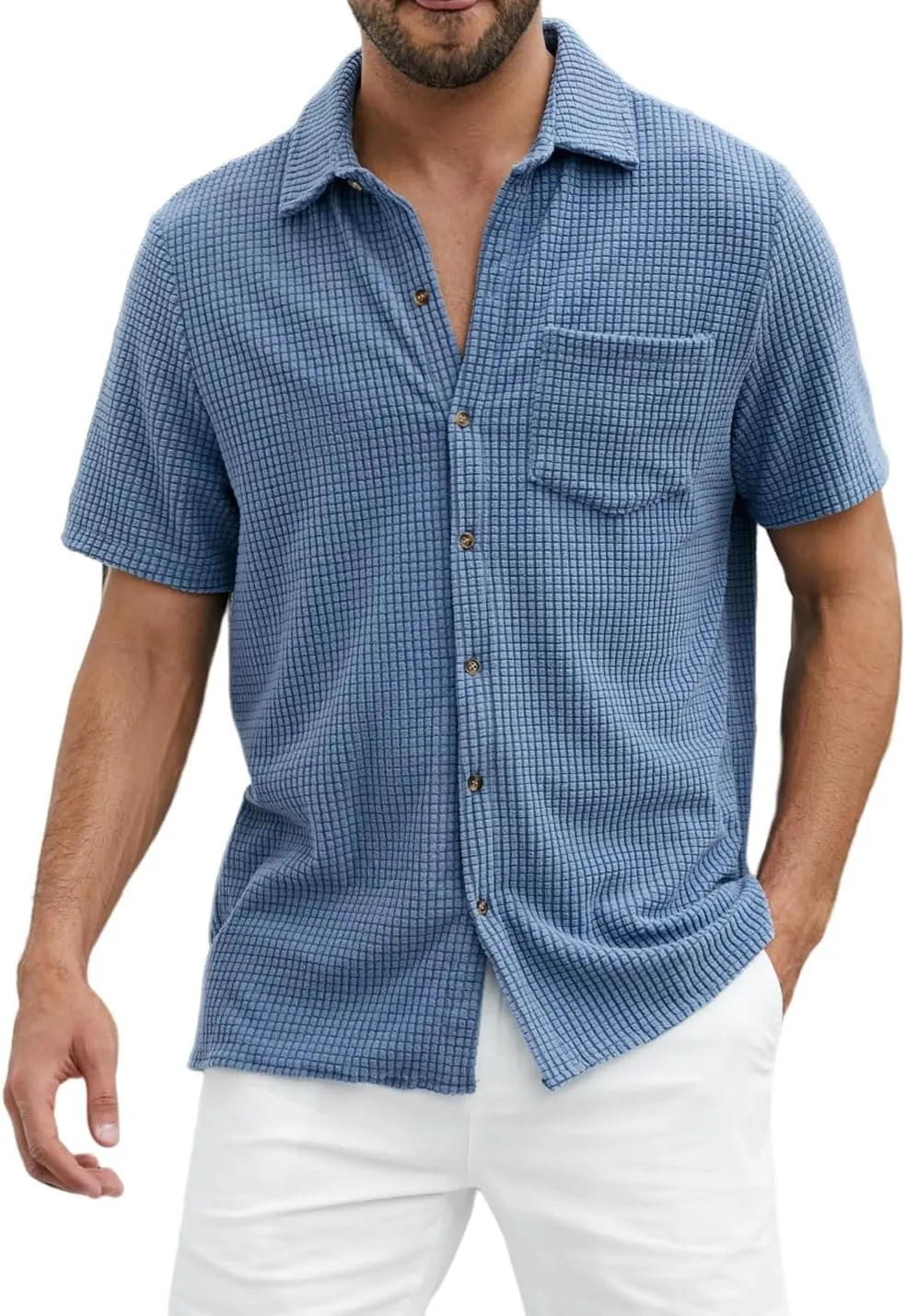 PAODIKUAI Men's Retro Short Sleeve Corduroy Shirt Casual Button Down Shirts
