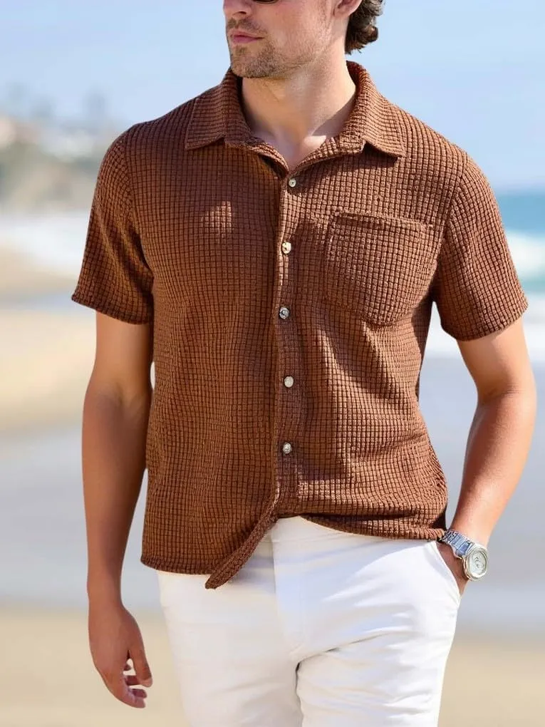 PAODIKUAI Men's Retro Short Sleeve Corduroy Shirt Casual Button Down Shirts