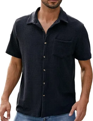 PAODIKUAI Men's Retro Short Sleeve Corduroy Shirt Casual Button Down Shirts