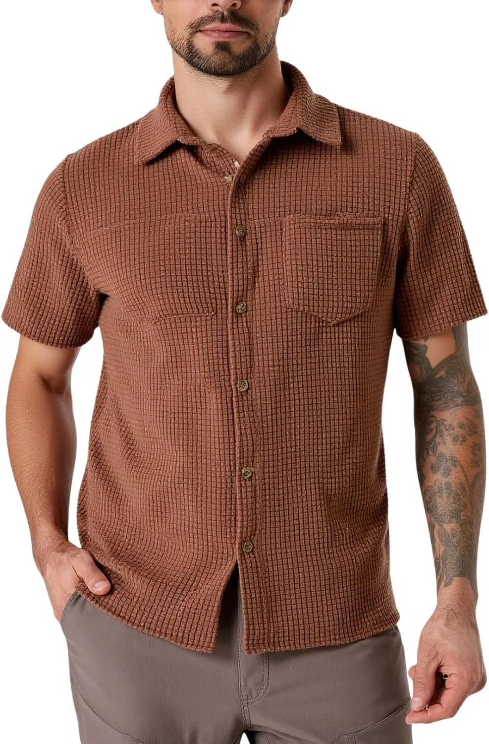 PAODIKUAI Men's Retro Short Sleeve Corduroy Shirt Casual Button Down Shirts