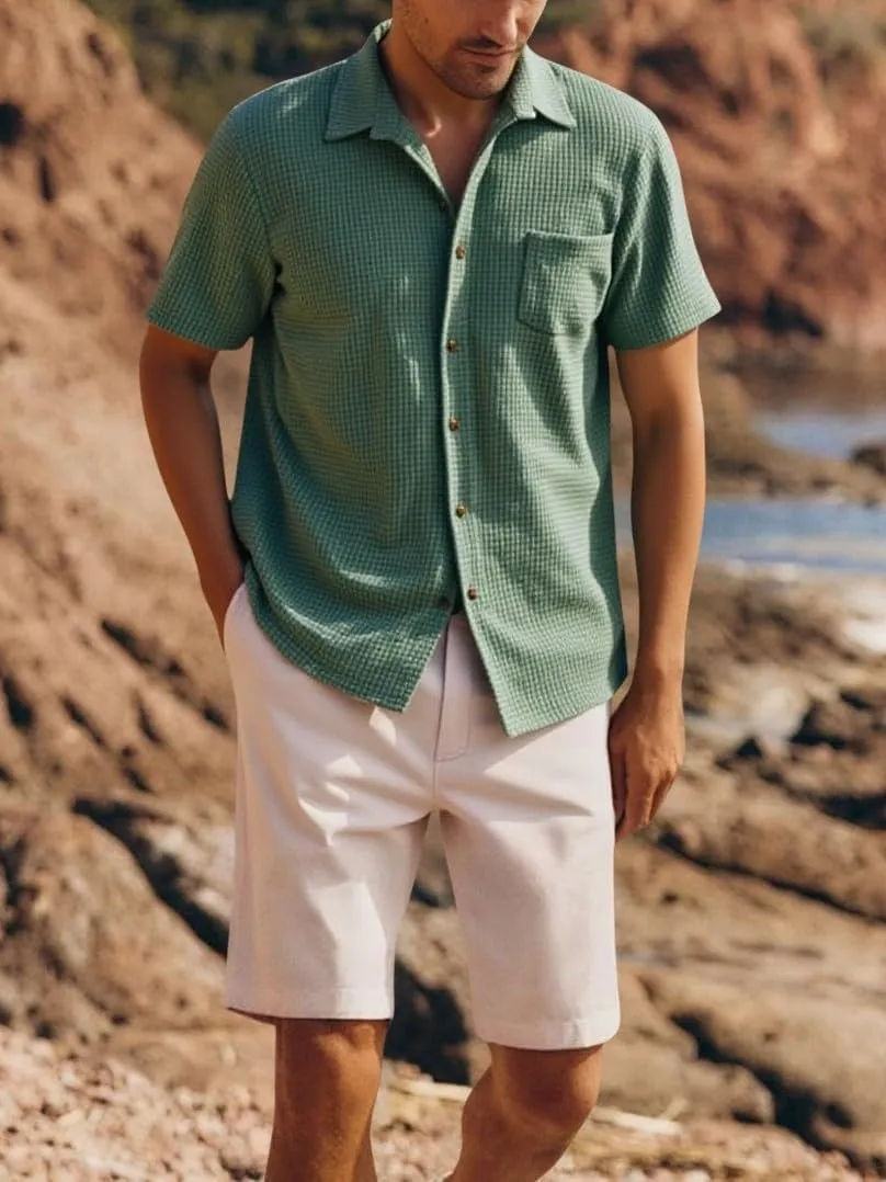 PAODIKUAI Men's Retro Short Sleeve Corduroy Shirt Casual Button Down Shirts