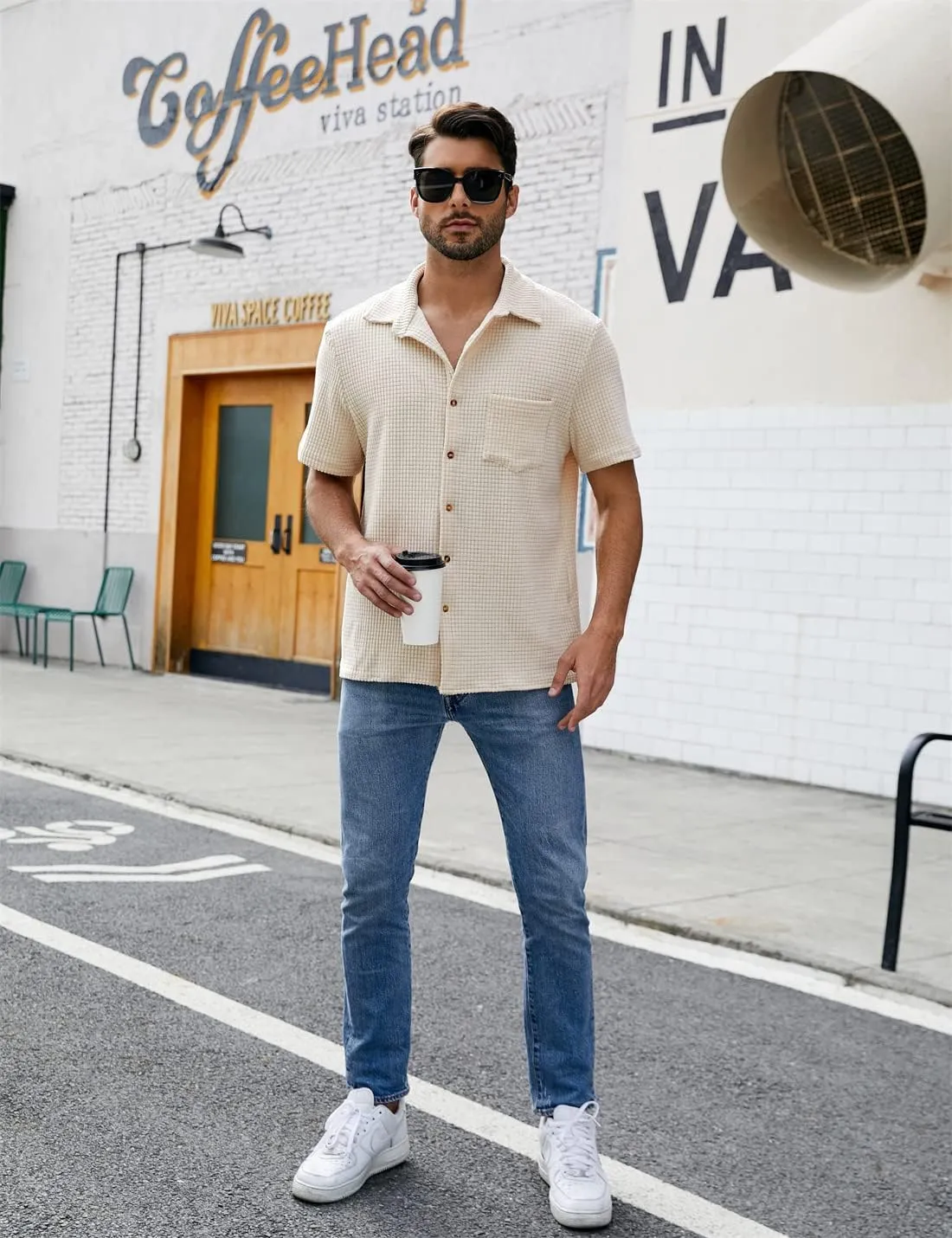 PAODIKUAI Men's Retro Short Sleeve Corduroy Shirt Casual Button Down Shirts