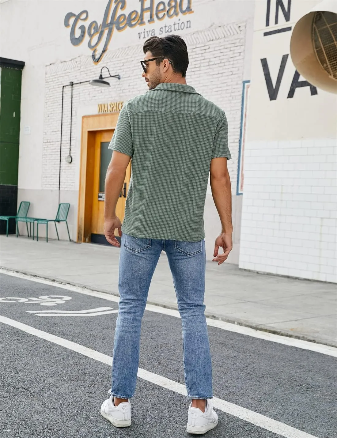 PAODIKUAI Men's Retro Short Sleeve Corduroy Shirt Casual Button Down Shirts