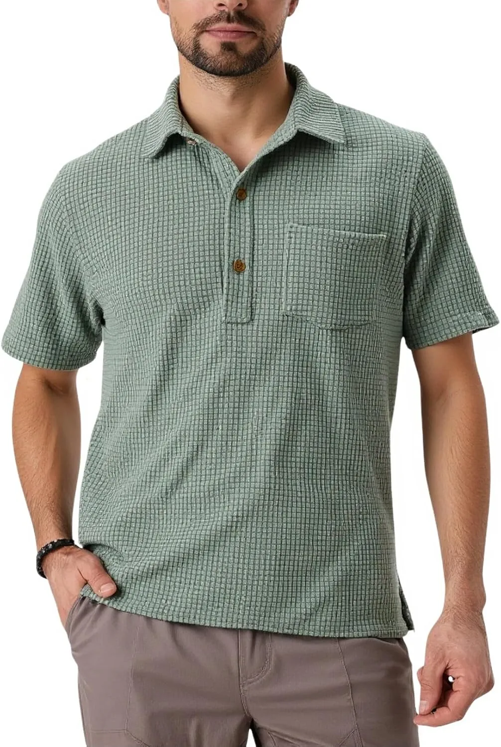PAODIKUAI Men's Retro Short Sleeve Corduroy Shirt Casual Button Down Shirts