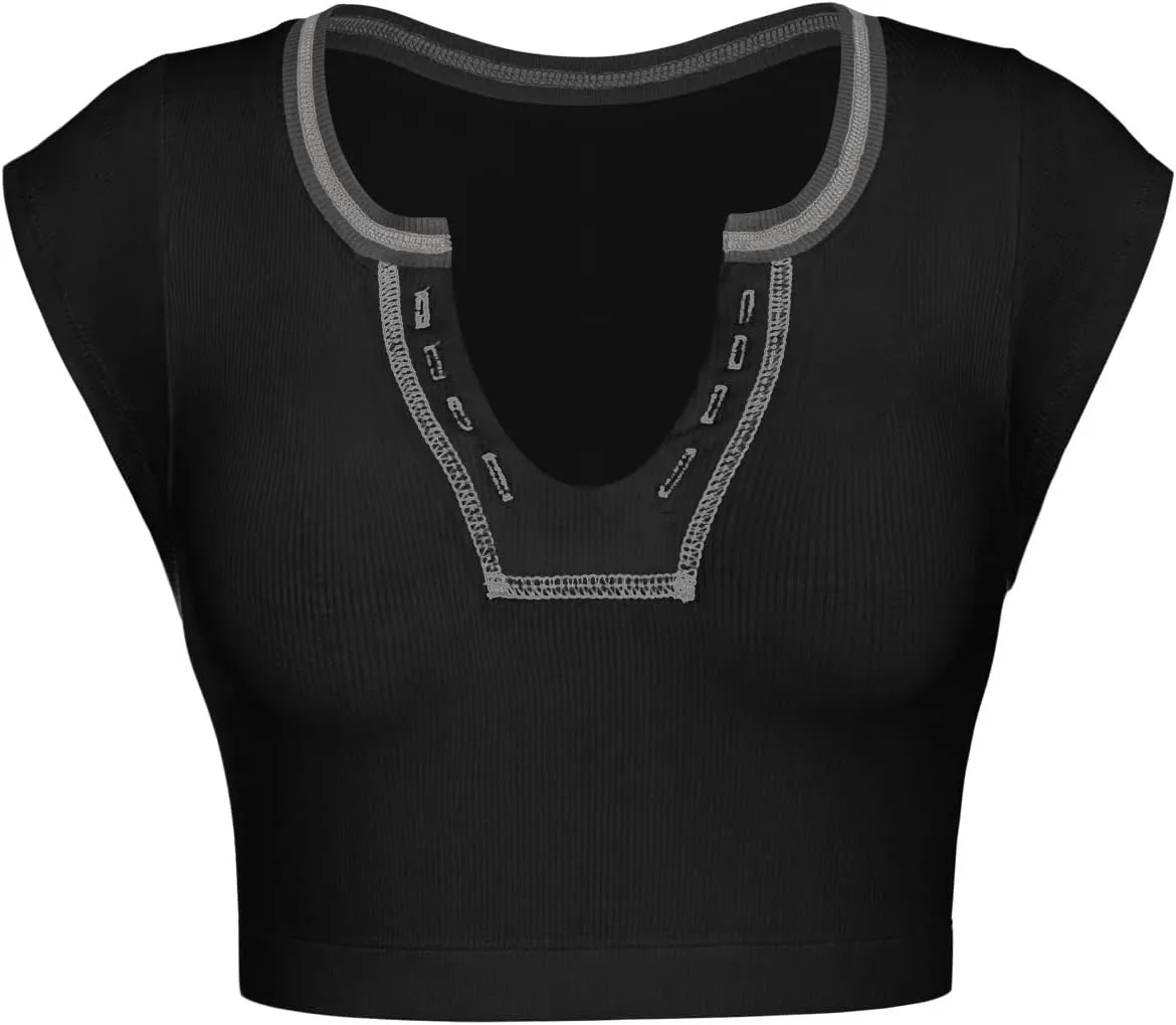 PAODIKUAI Women's Crop Tops Slim Fit Ribbed Knit Basic Tank Tops Short Sleeve Shirt Y2k Top