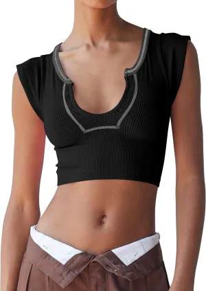 PAODIKUAI Women's Crop Tops Slim Fit Ribbed Knit Basic Tank Tops Short Sleeve Shirt Y2k Top