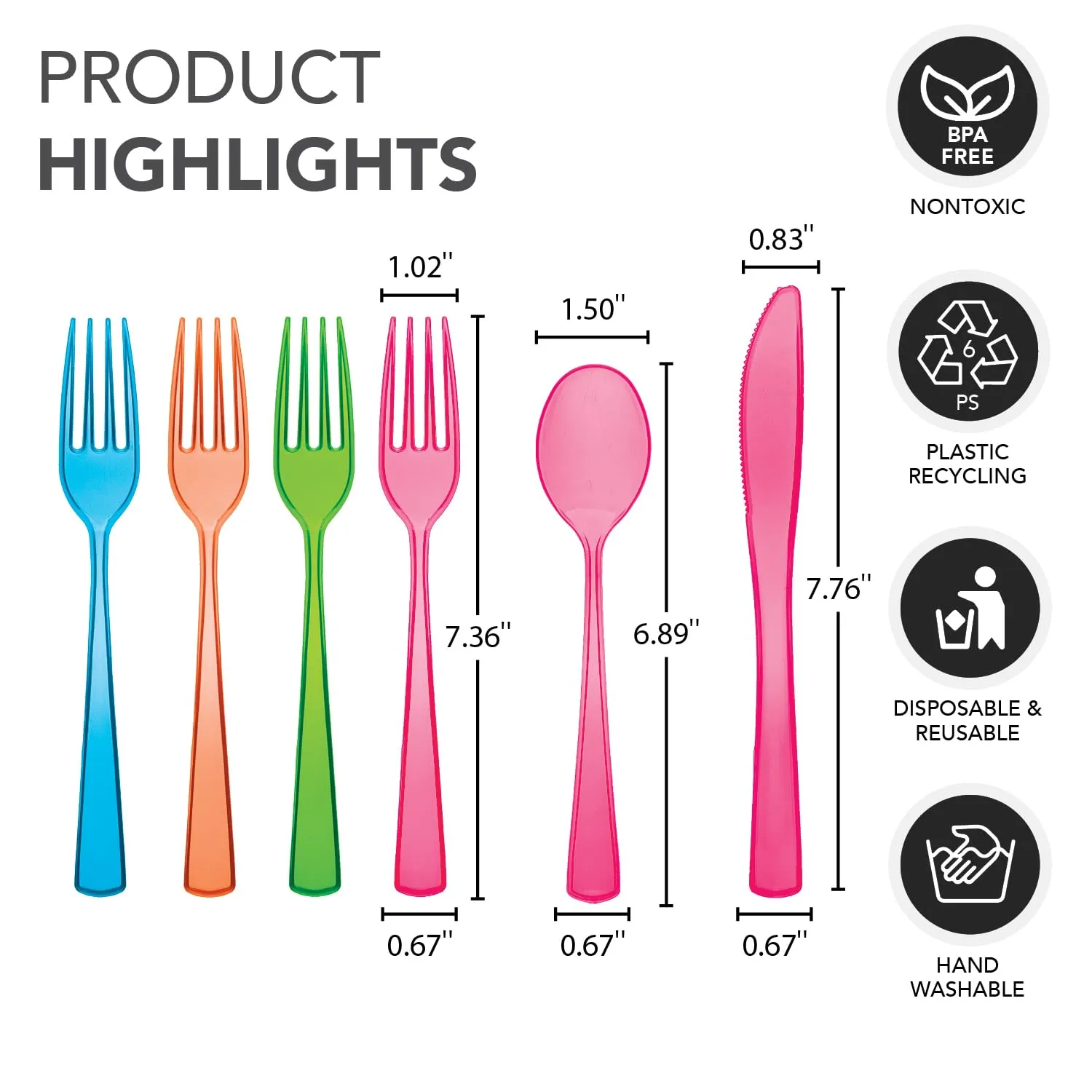 Party Essentials N444890 Extra Heavy Duty Plastic Cutlery Combo Pack with 576 Place Settings of Knives/Forks/Spoons, Assorted Neon, 12 Bags of 144 (Pack of 1728)