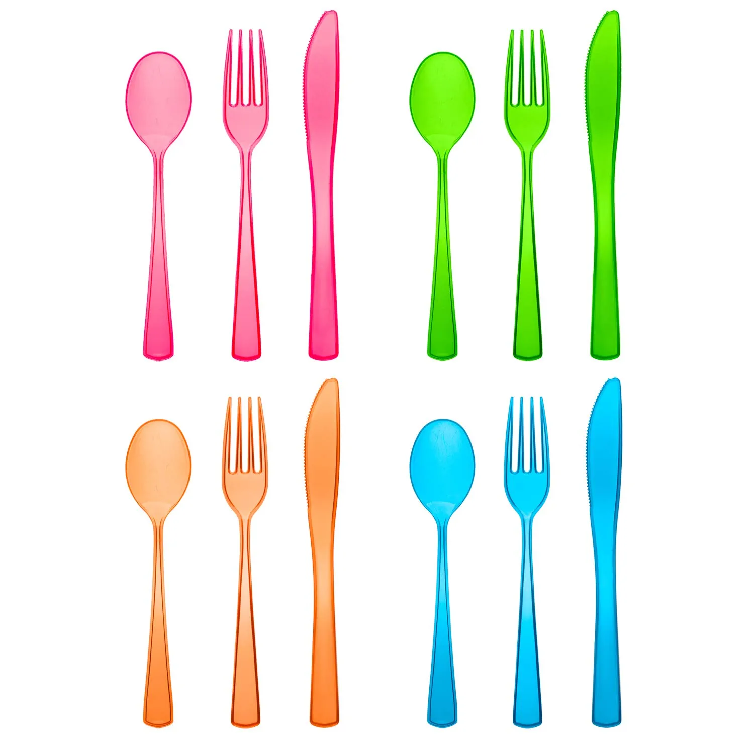 Party Essentials N444890 Extra Heavy Duty Plastic Cutlery Combo Pack with 576 Place Settings of Knives/Forks/Spoons, Assorted Neon, 12 Bags of 144 (Pack of 1728)