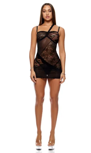 Patch of Petals Lace Chemise Lingerie Set - Black