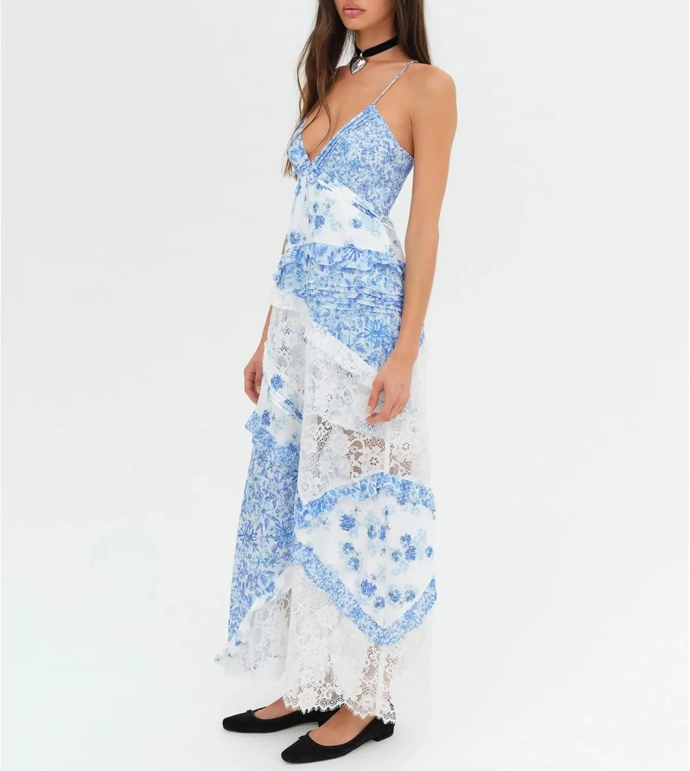 Patchwork Dress for Women Y2k Spaghetti Strap Lace Sheer Floral Ruffle Flowy Maxi Dresses Summer Backless Sundress