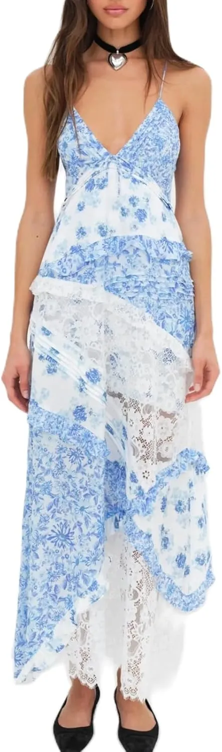 Patchwork Dress for Women Y2k Spaghetti Strap Lace Sheer Floral Ruffle Flowy Maxi Dresses Summer Backless Sundress