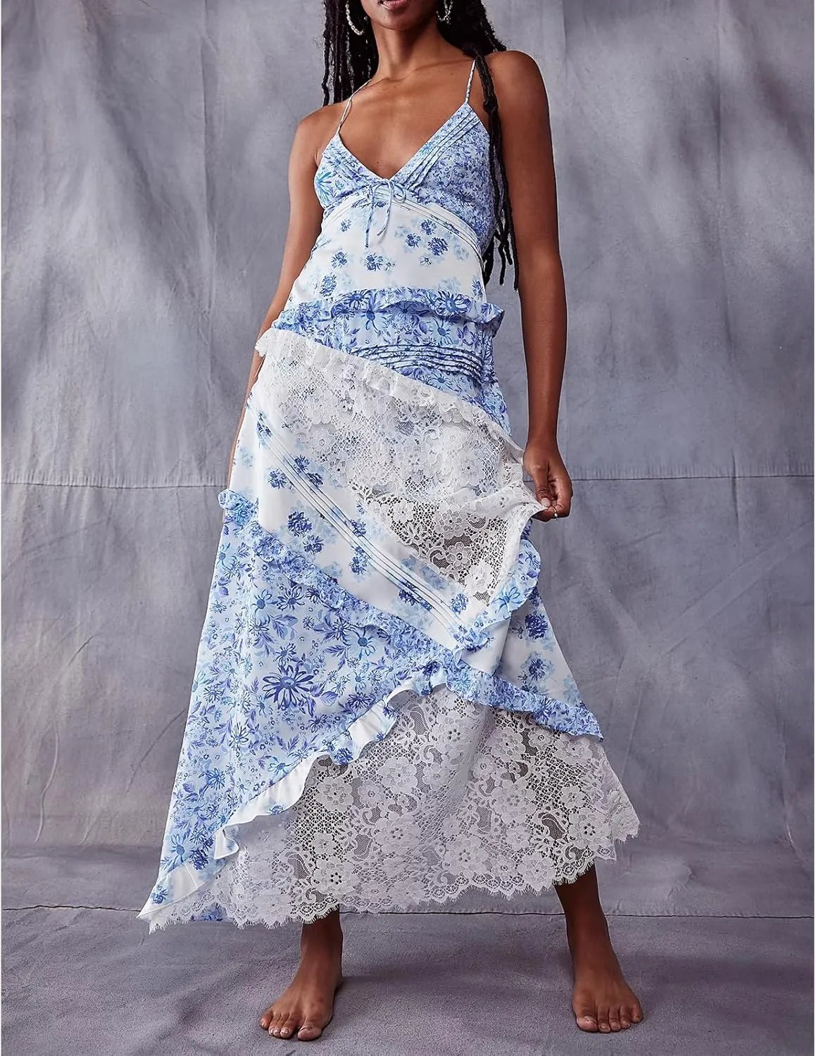 Patchwork Dress for Women Y2k Spaghetti Strap Lace Sheer Floral Ruffle Flowy Maxi Dresses Summer Backless Sundress