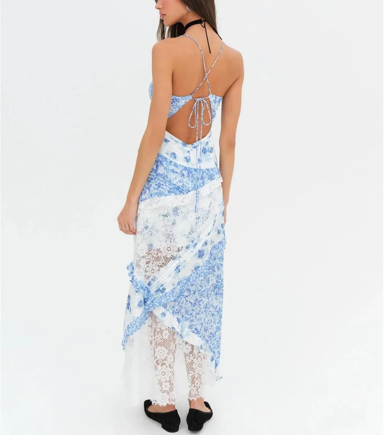 Patchwork Dress for Women Y2k Spaghetti Strap Lace Sheer Floral Ruffle Flowy Maxi Dresses Summer Backless Sundress