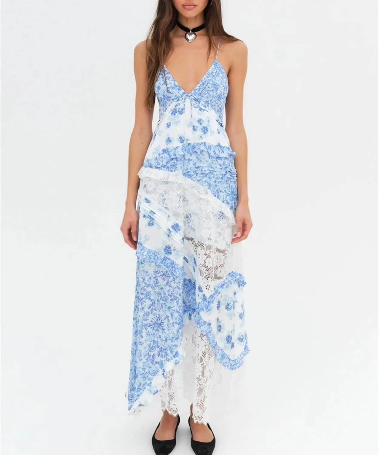 Patchwork Dress for Women Y2k Spaghetti Strap Lace Sheer Floral Ruffle Flowy Maxi Dresses Summer Backless Sundress