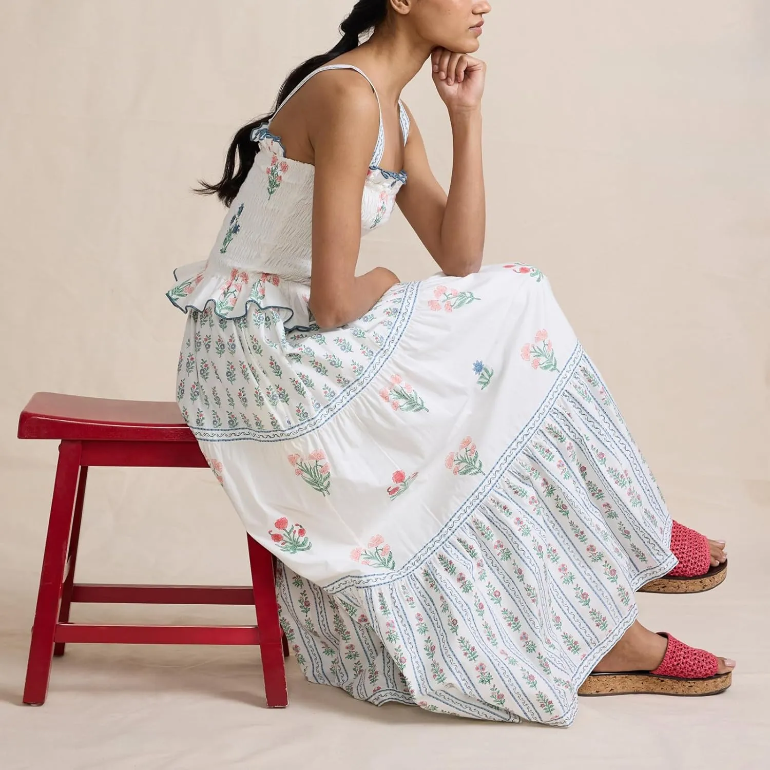 Patchwork Dress for Women Y2k Spaghetti Strap Lace Sheer Floral Ruffle Flowy Maxi Dresses Summer Backless Sundress