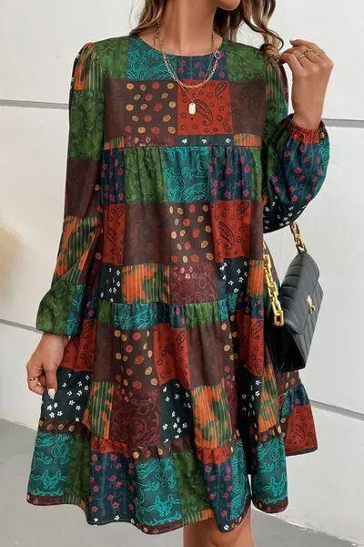 Patchwork Print Long Sleeve Swing Dress