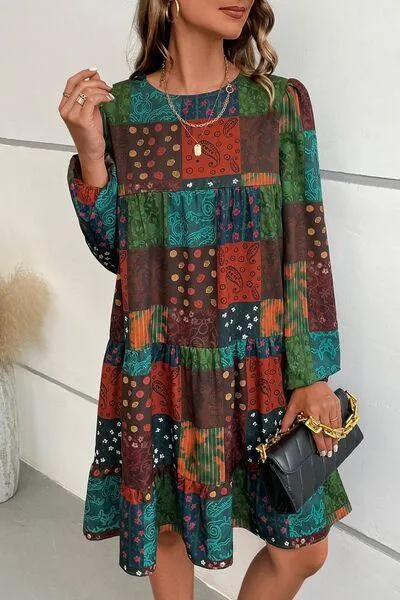 Patchwork Print Long Sleeve Swing Dress