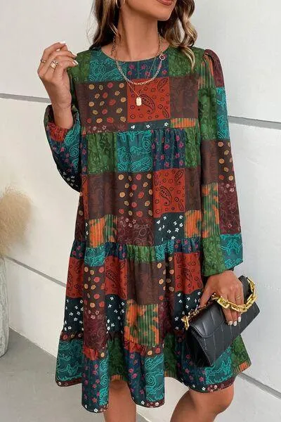 Patchwork Print Long Sleeve Swing Dress