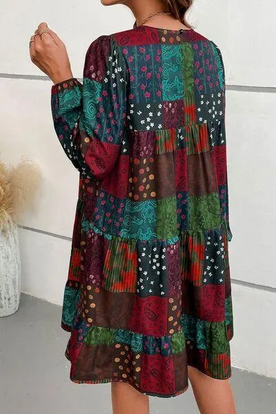Patchwork Print Long Sleeve Swing Dress