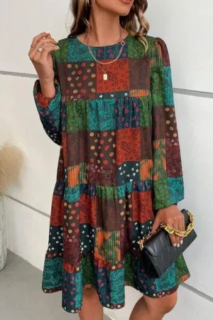 Patchwork Print Long Sleeve Swing Dress
