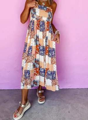 Patchwork Printed Frilled Bandeau Smocked High Waist Long Dress