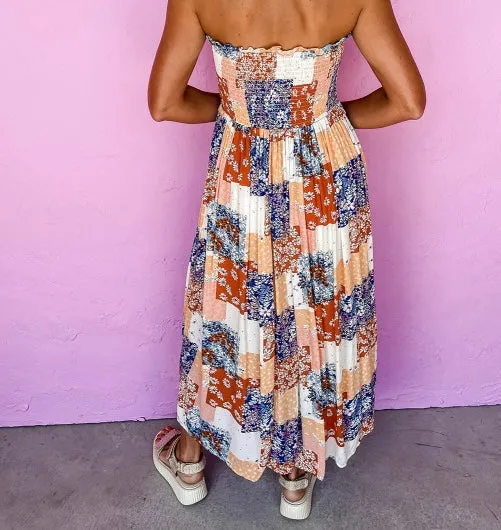 Patchwork Printed Frilled Bandeau Smocked High Waist Long Dress