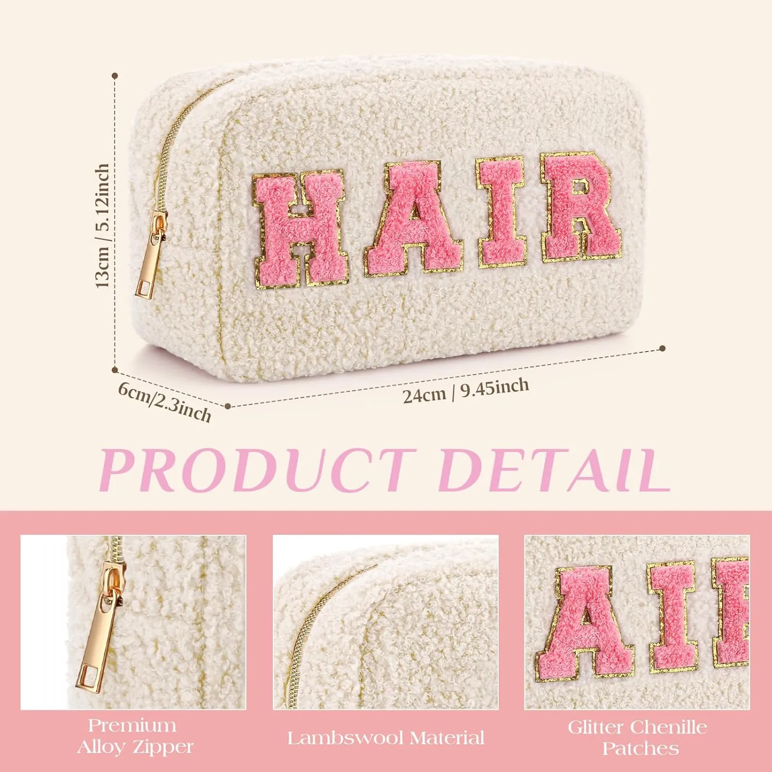 Paterr 4 Pcs Chenille Letter Preppy Patches Makeup Bag Plush Fuzzy Makeup Pouch Hair Skin Face Stuff Bag Large Cosmetic Purse Zipper Travel Toiletry Kit for Spring Gift(Pink Colors)