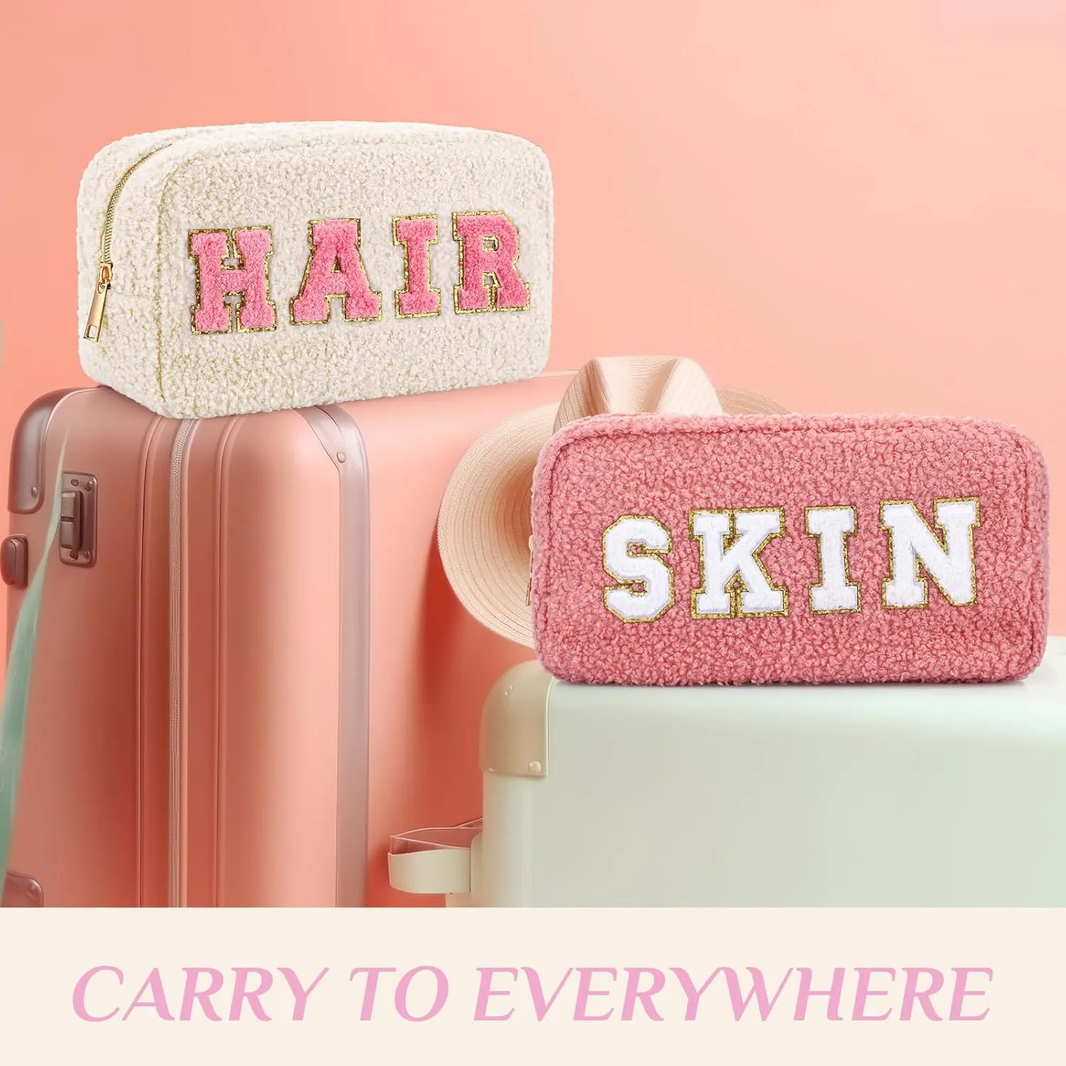 Paterr 4 Pcs Chenille Letter Preppy Patches Makeup Bag Plush Fuzzy Makeup Pouch Hair Skin Face Stuff Bag Large Cosmetic Purse Zipper Travel Toiletry Kit for Spring Gift(Pink Colors)