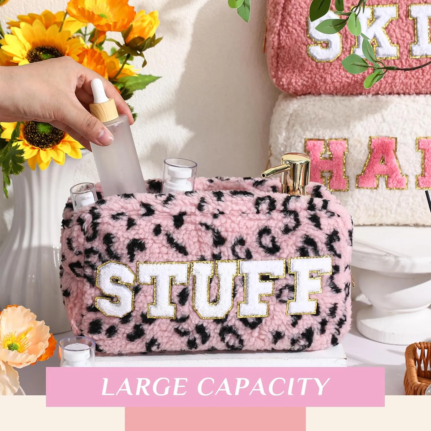Paterr 4 Pcs Chenille Letter Preppy Patches Makeup Bag Plush Fuzzy Makeup Pouch Hair Skin Face Stuff Bag Large Cosmetic Purse Zipper Travel Toiletry Kit for Spring Gift(Pink Colors)