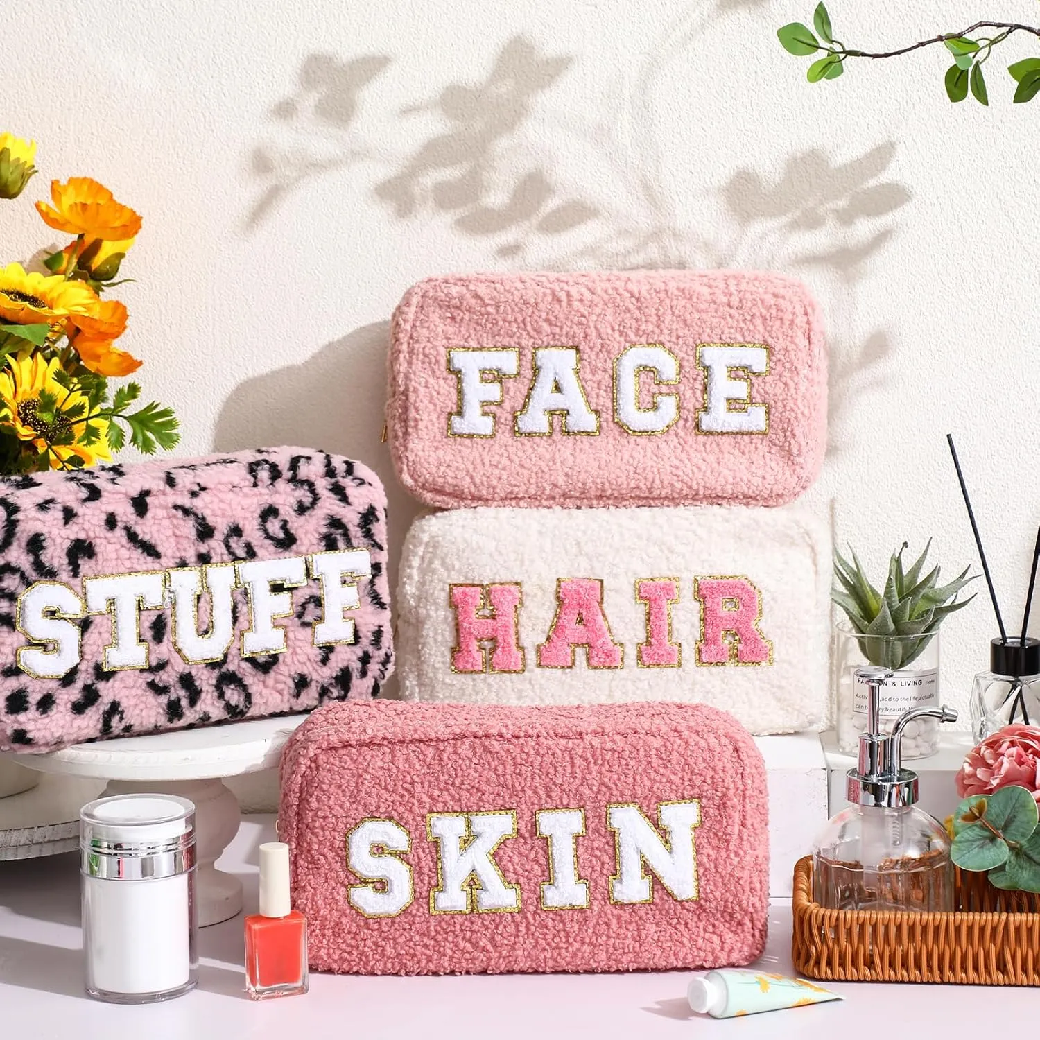 Paterr 4 Pcs Chenille Letter Preppy Patches Makeup Bag Plush Fuzzy Makeup Pouch Hair Skin Face Stuff Bag Large Cosmetic Purse Zipper Travel Toiletry Kit for Spring Gift(Pink Colors)