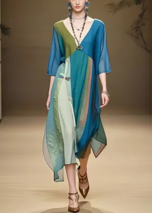 Peacock Blue Patchwork Chiffon Vacation Dress Asymmetrical Design Summer