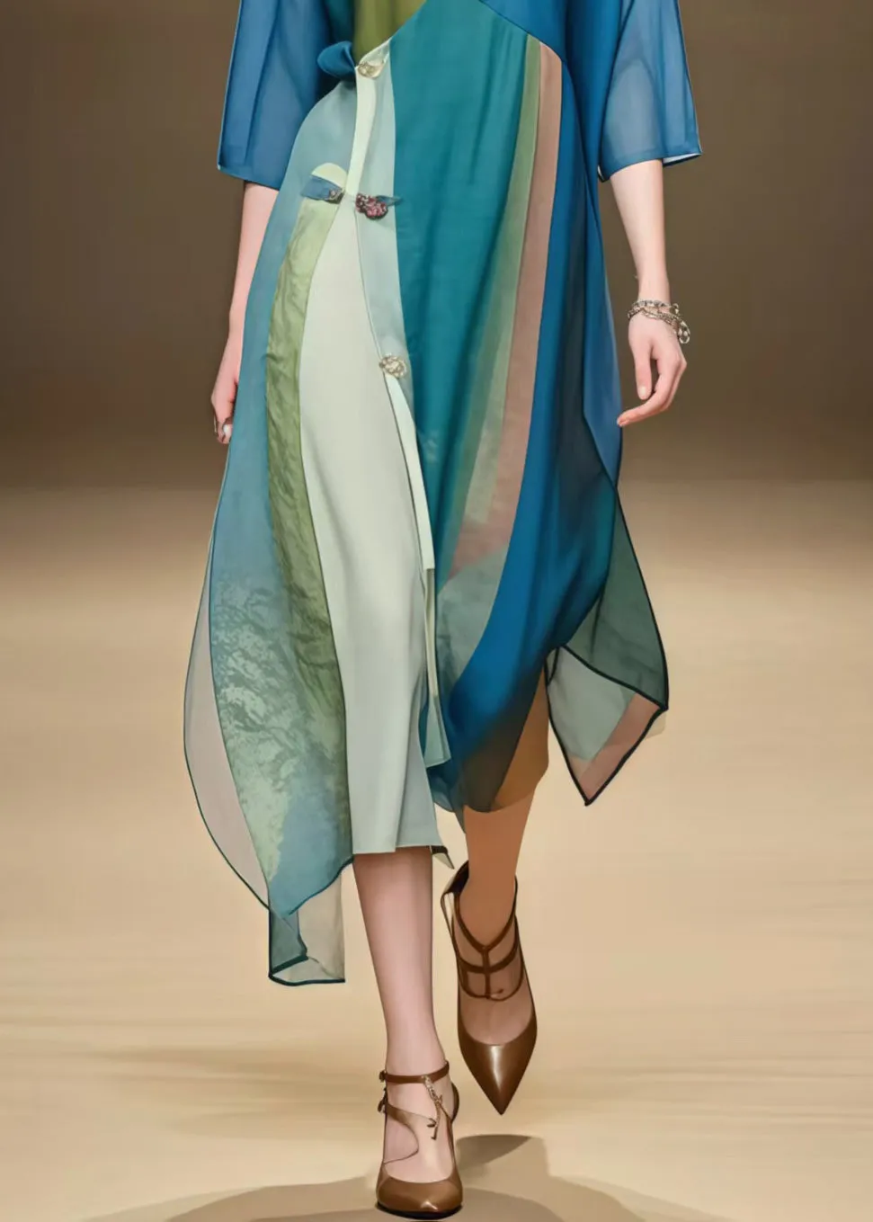 Peacock Blue Patchwork Chiffon Vacation Dress Asymmetrical Design Summer