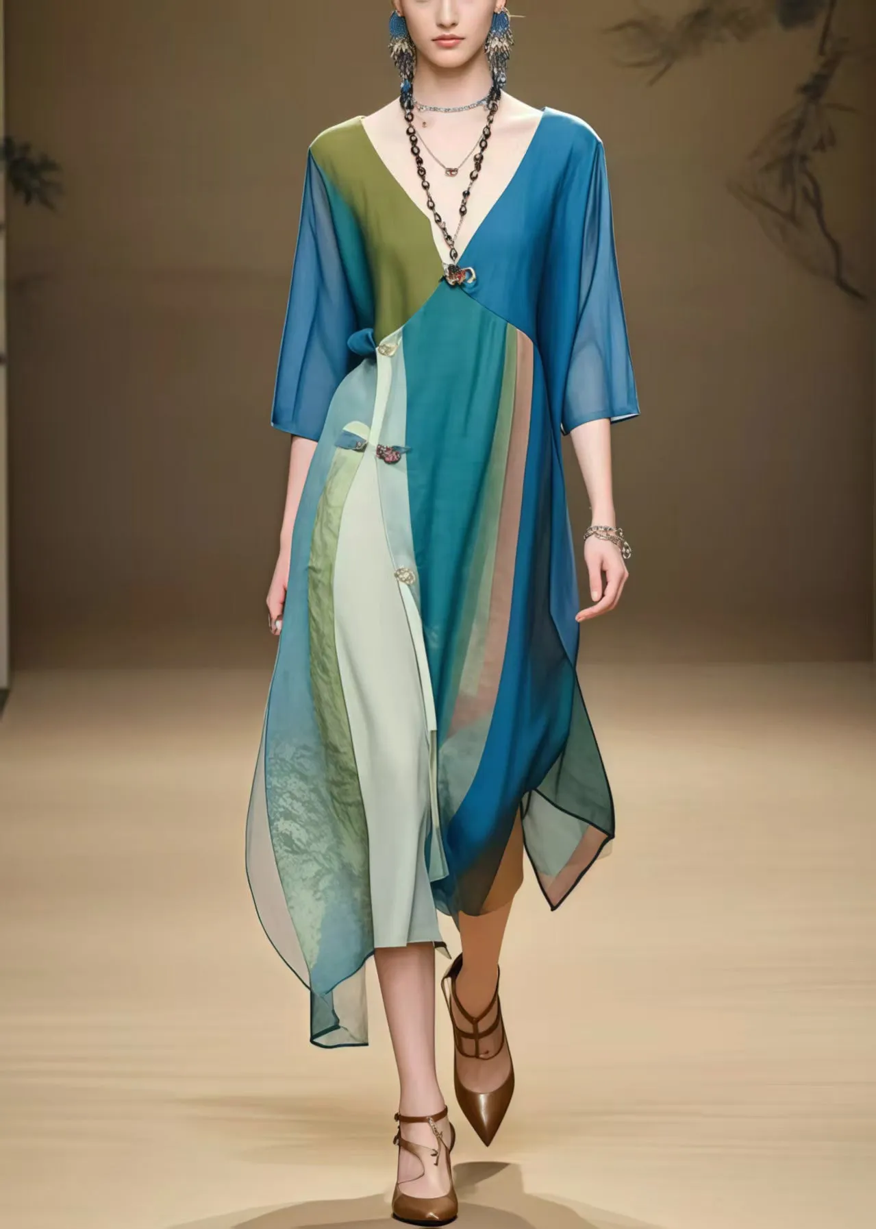 Peacock Blue Patchwork Chiffon Vacation Dress Asymmetrical Design Summer