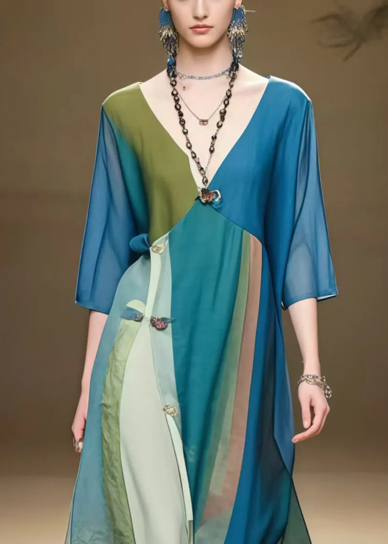 Peacock Blue Patchwork Chiffon Vacation Dress Asymmetrical Design Summer