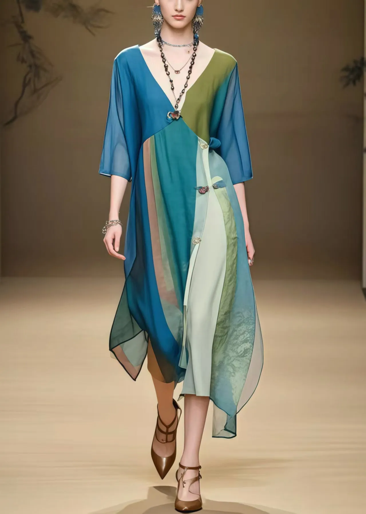 Peacock Blue Patchwork Chiffon Vacation Dress Asymmetrical Design Summer